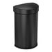 A simplehuman matte black stainless steel semi-round sensor trash can with a lid.