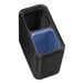 A matte black simplehuman dual compartment rectangular trash can with a blue lid.