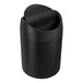 A simplehuman matte black stainless steel countertop swing top round trash can.