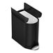 A matte black simplehuman rectangular butterfly step-on trash can with a lid open.