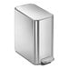 A simplehuman stainless steel rectangular step-on trash can with a white background.