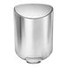 A simplehuman brushed stainless steel semi-round step-on trash can with a lid.