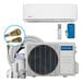 A white MRCOOL ductless mini-split air conditioner with cables and a remote control.