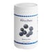 A white Perfect Puree container of blueberry puree with a blue label and blueberries on it.