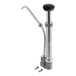 A silver and black stainless steel hand pump with a handle.