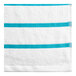 An aqua towel with white stripes.