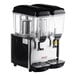 A Galaxy Double refrigerated beverage dispenser with two clear containers, black and silver.