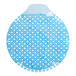 A blue and white circular urinal screen with white dots.