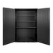 A black cabinet with open shelves.