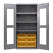 A grey metal Valley Craft storage cabinet with yellow bins on a shelf.