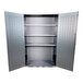 A silver steel Valley Craft storage cabinet with shelves and doors.