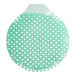 A green and white circular Fresh Products Tidal Wave urinal screen with small dots.