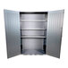 A silver steel Valley Craft electronic locking storage cabinet with shelves and metal doors.