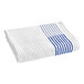 A white gym towel with blue stripes.