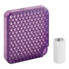 A purple plastic case with a white rectangular object and a battery inside.