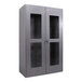 A grey steel Valley Craft storage cabinet with glass doors.