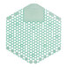 A green and white hexagon shaped mat with holes.