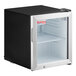 A black and silver Galaxy countertop refrigerator with an open glass door.