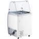 A white and grey rectangular Avantco ice cream dipping cabinet with a clear glass top.