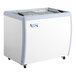 An Avantco custom vinyl flat top display ice cream freezer with a white and grey exterior.