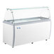 An Avantco white refrigerated ice cream dipping cabinet with a glass top.