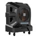 A black Portacool evaporative cooler on wheels with a metal grate.