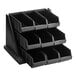 A black plastic organizer with three bins and a stand.