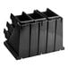 A black plastic organizer with four compartments holding black condiment bins.