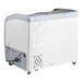 An Avantco white freezer with a curved glass top and wheels.