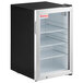 A Galaxy black and silver countertop refrigerator with glass doors.