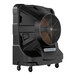 A large black Portacool evaporative cooler on wheels.