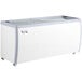 An Avantco white freezer on wheels with a glass top.