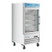 An Avantco white merchandiser refrigerator with glass doors.