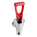 A chrome Bunn faucet assembly with a red handle.
