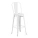 A white metal Lancaster Table & Seating barstool with a white backrest.