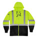 A yellow and black Ergodyne high visibility zip-up hooded sweatshirt with reflective stripes and a black front panel.