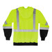 A lime green Ergodyne high visibility hooded sweatshirt with reflective tape and black front panel.