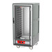 A grey metal Metro holding cabinet with a clear door.