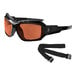 Ergodyne Skullerz LOKI Polarized Convertible Safety Spoggles with Copper Lenses, Matte Black Frame, and Elastic Strap, a pair of sunglasses with a black strap and orange lenses.