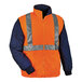 An Ergodyne hi-vis orange jacket with reflective stripes on the sleeves and torso.