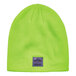 A lime green rib knit beanie with a black patch on the front.