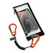 An Ergodyne Squids coiled tool lanyard with dual carabiners attached to a clear plastic case holding a cell phone.