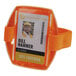 An orange vinyl arm band ID / badge holder with a picture of a man wearing a hard hat.