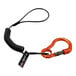 An orange carabiner and black coiled lanyard with a tag.