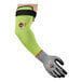 A pair of green and black Ergodyne ProFlex 7941-PR arm sleeves being worn by a person with a glove.