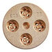 A circular gold metal disc with holes in it.
