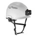 A white Ergodyne Skullerz safety helmet with a LED light attached to the front.