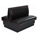 An American Tables & Seating plain double back fully upholstered booth with black leather and red piping and cushions.