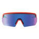 Ergodyne Skullerz safety glasses with orange frame and blue mirrored lenses.