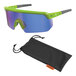 Ergodyne Skullerz AEGIR Safety Glasses with Lime Frame and Blue Mirrored Lenses in a black bag with a string.